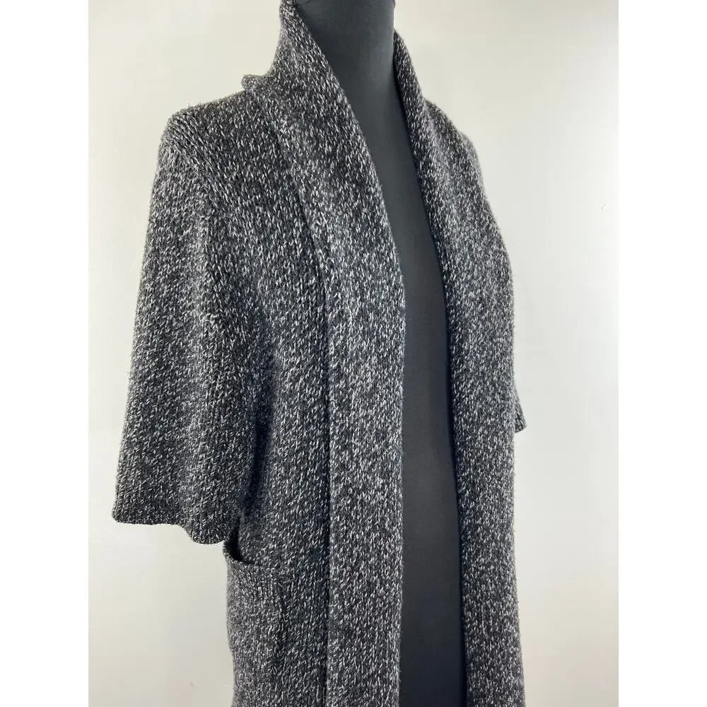 THEORY Black Gray Marled Wool-Cashmere Blend Cowl Neck Cardigan Sweater Size P